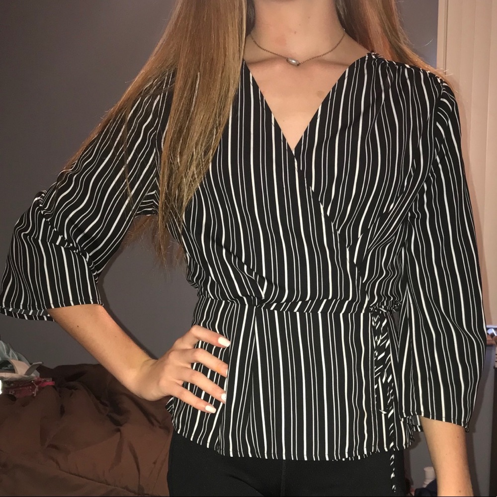 Black and white striped wrap shirt